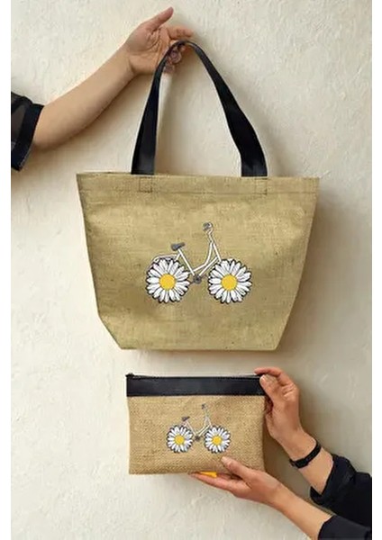 Papatya Baskılı Deri Saplı Hasır Kumaş Baskılı Plaj Çantası ve Makyaj Çantası Ikili Set fiyatları