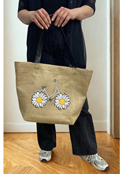 Papatya Baskılı Deri Saplı Hasır Kumaş Baskılı Plaj Çantası ve Makyaj Çantası Ikili Set modelleri