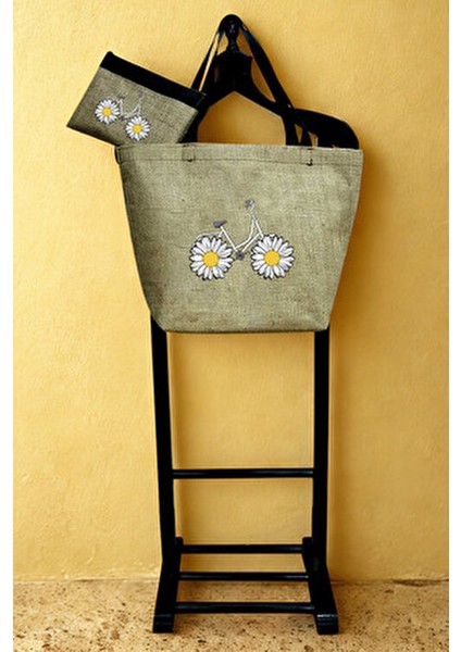 Papatya Baskılı Deri Saplı Hasır Kumaş Baskılı Plaj Çantası ve Makyaj Çantası Ikili Set fırsatları