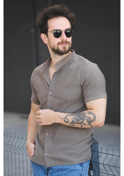 Laend Slim Fit Esnek Likralı Kısa Kol Hakim Yaka Erkek Gömlek