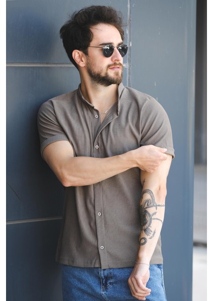 Laend Slim Fit Esnek Likralı Kısa Kol Hakim Yaka Erkek Gömlek modelleri