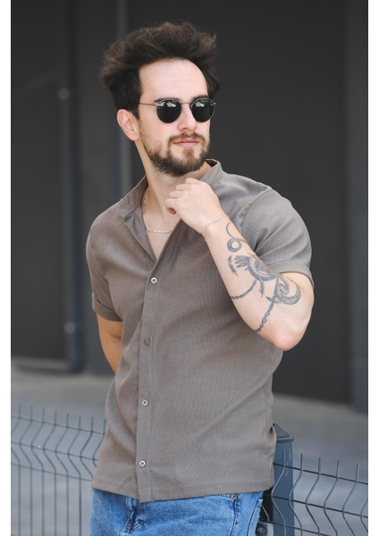 Laend Slim Fit Esnek Likralı Kısa Kol Hakim Yaka Erkek Gömlek fırsatları