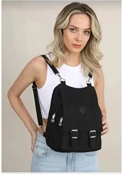 Kadın Siyah Krinkıl Kumaş Okul El ve Sırt Çantası