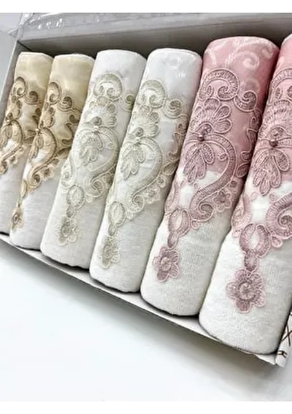 Güpürlü Saten Işleme Desenli Kutulu Lüks Çeyizlik 50X90 6'lı El Yüz Havlu Seti