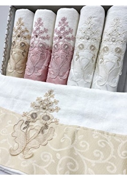 Güpürlü Saten Işleme Desenli Kutulu Lüks Çeyizlik 50X90 6'lı El Yüz Havlu Seti fiyatları