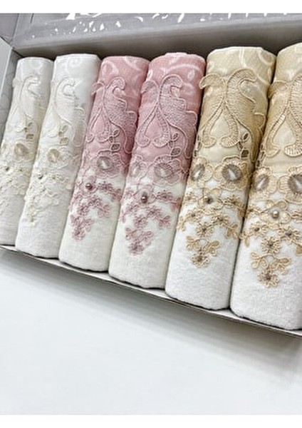 Güpürlü Saten Işleme Desenli Kutulu Lüks Çeyizlik 50X90 6'lı El Yüz Havlu Seti modelleri