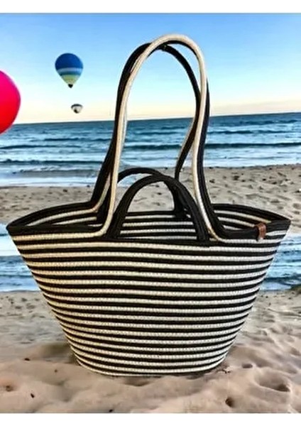 Zebra Desenli Jüt Plaj Çantası Vegan Materyal ile Şık Tasarım 0-15 lt Kapasite