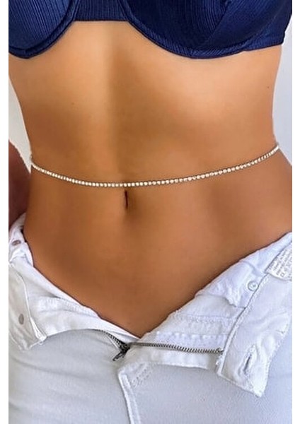Kadın Silver Renk Metal Rhinestone Zirkon Taşlı Bel Zinciri Şık Tasarım