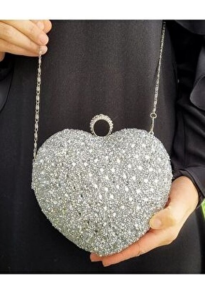 Kadın Gümüş Kristal Kalpli Abiye Çantası fiyatları