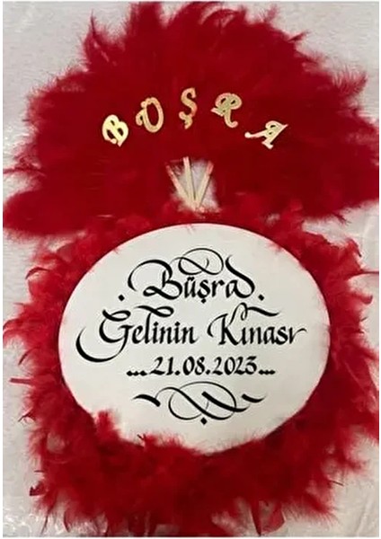 Kına Yelpazesi ve Gelin Tefi Seti Otrişli Deri Tef Kırmızı Renkli Vurmalı Çalgı