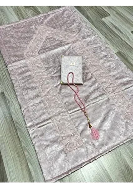 3 Parça Fransız Güpür Işlemeli Kadife Çeyizlik Gelin Seti Seccadesi