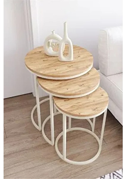 Usta Krem Metal Antik Çam Ahşap Zigon Sehpa