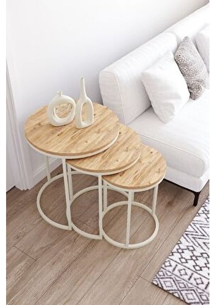 Usta Krem Metal Antik Çam Ahşap Zigon Sehpa modelleri