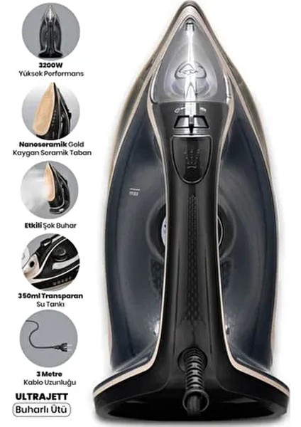 Ultrajett 3200W Seramik Tab. Kireç ve Damlama Önleme Sis. 3m Kablo ve 210 gr Etkili Şok Buharlı Ütü