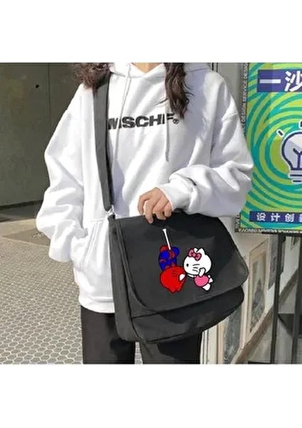 Siyah Örümcek Adam& Hello Kitty Model Desen Baskılı Askılı Postacı Çanta