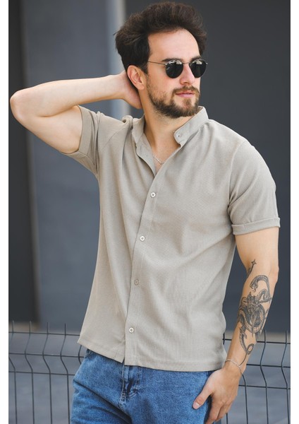 Laend Slim Fit Esnek Likralı Kısa Kol Hakim Yaka Erkek Gömlek