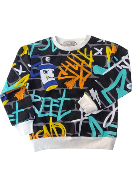 Erkek Çocuk Siyah Sweatshirt Neon Baskılı Pamuklu Kumaş Rahat Kalıp