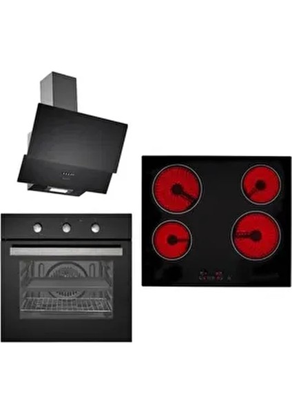 Siyah Lux Vitroseramik Elektrik Ocaklı 6 Programlı Ankastre Set