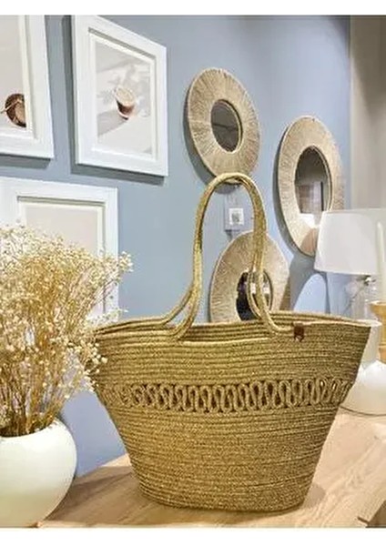 Hasır Jüt Kadın Omuz Çantası %100 El Yapımı Vegan Pamuk Materyal Plaj Koleksiyonu