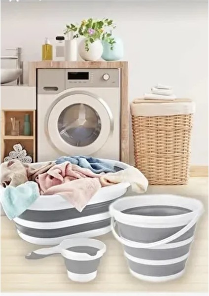3’lü Set Katlanır Çamaşır Sepeti 25 lt Plastik Malzeme ile Akordiyon Özelliği