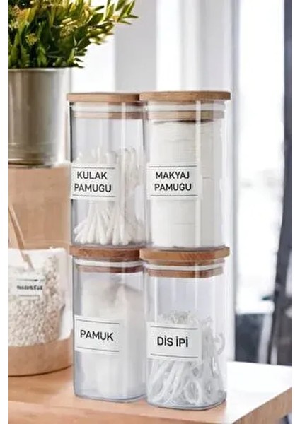 4'lü Ahşap Kapaklı Akrilik Kulak Pamuğu & Pamuk & Diş Ipi Organizeri 300 ml Banyo Seti Pamukluk