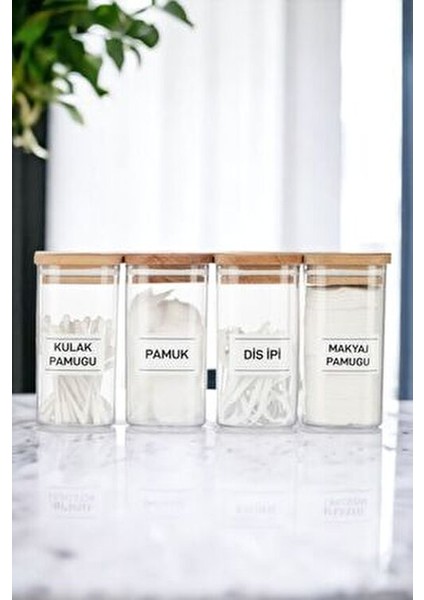4'lü Ahşap Kapaklı Akrilik Kulak Pamuğu & Pamuk & Diş Ipi Organizeri 300 ml Banyo Seti Pamukluk fiyatları