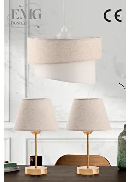 Kumaş Galaksi Modern Pasta Tekli ve 2 Li Gold Abajur Seti Galaxiset