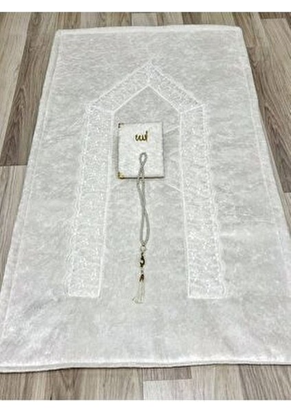 3 Parça Fransız Güpür Işlemeli Kadife Çeyizlik Gelin Seti Seccadesi