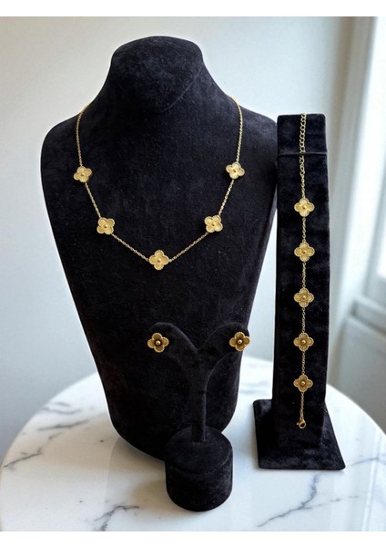 Gold Renginde Beş Yapraklı Yonca Paslanmaz Çelik Takı Seti CNS102