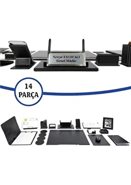 Titan 14 Parça Siyah Deri Sümen Takımı Masa Isimliği Seti Hediyelik Iş Ofis Aksesuarı