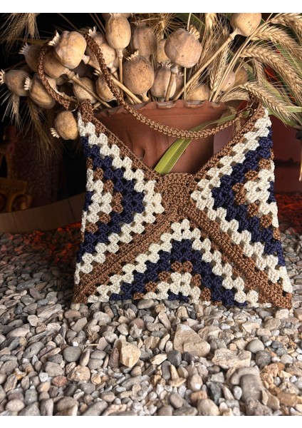 El Yapımı Makrome Çanta – Polyester Ip, Astarsız, Çıtçıtlı, Günlük & Bohem