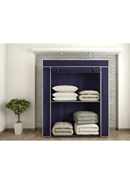 Çelik Borulu Lacivert Yorgan Hurcu Bez Dolap Yüklük Gardırop