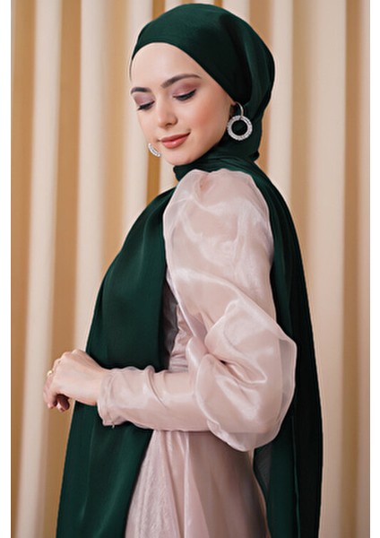 Abiye Janjan Parlak Saten Dokulu Tesettür Abiye Şifon Zümrüt Yeşil Şal fiyatları