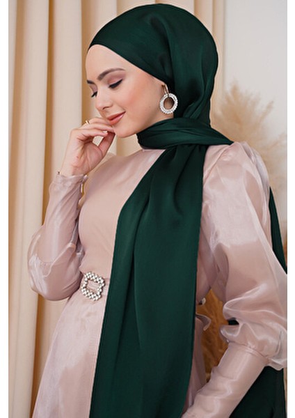 Abiye Janjan Parlak Saten Dokulu Tesettür Abiye Şifon Zümrüt Yeşil Şal modelleri