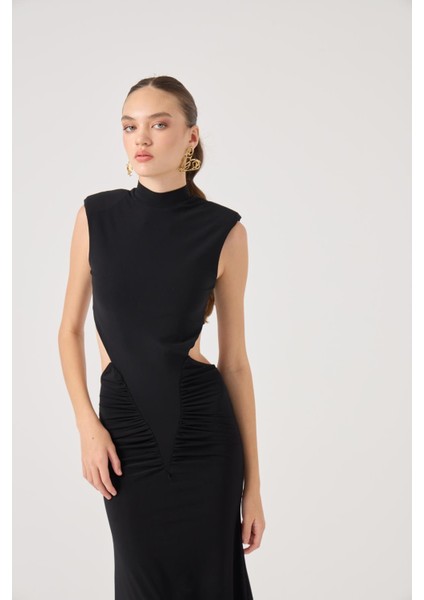 Balıkçı Yaka Bel Dekolteli Uzun Zuzana Elbise Siyah indirimleri