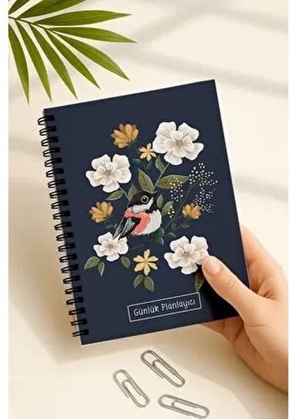 Günlük Planlayıcı A5 Defter, Notlar, Yapılacaklar, Esnek Karton Kapaklı, 100 Günlük, Mavi Kuşlu