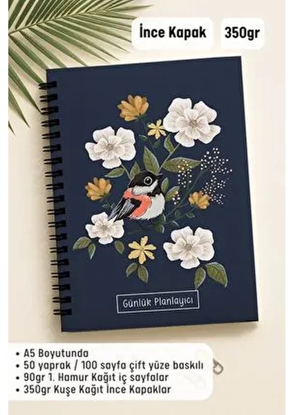 Günlük Planlayıcı A5 Defter, Notlar, Yapılacaklar, Esnek Karton Kapaklı, 100 Günlük, Mavi Kuşlu fiyatları