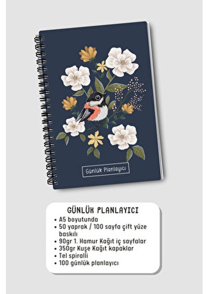 Günlük Planlayıcı A5 Defter, Notlar, Yapılacaklar, Esnek Karton Kapaklı, 100 Günlük, Mavi Kuşlu