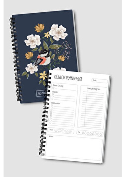 Günlük Planlayıcı A5 Defter, Notlar, Yapılacaklar, Esnek Karton Kapaklı, 100 Günlük, Mavi Kuşlu