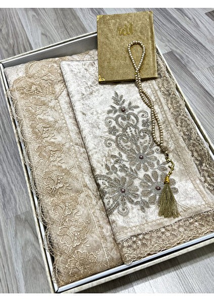 4 Parça Seccade Takımı Çeyizlik Bohça Kutulu Kadife Güpürlü Gelin Damat Seti