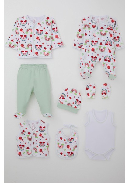 Kız Bebek Hastane Çıkışı 8 Li Gökkuşağı Masalı Çiçek Desenli 0-3 Ay, Beyaz