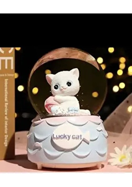 Sevimli 3D Desenli Sevimli Minnoş Kedi Lucky Cat Kar Küresi Orta Boy Hediye Işıklımüzikli Kar Küresi