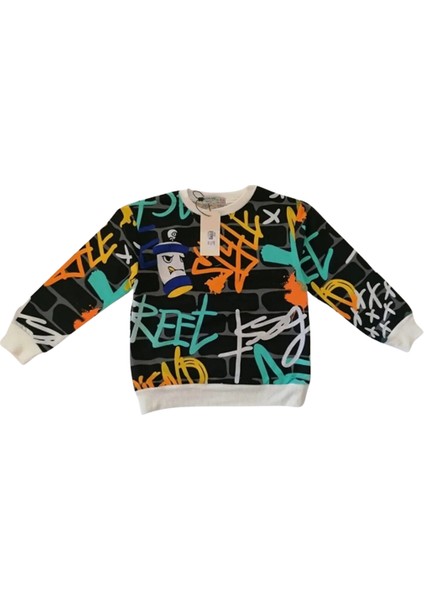 Erkek Çocuk Siyah Sweatshirt Neon Baskılı Pamuklu Kumaş Rahat Kalıp