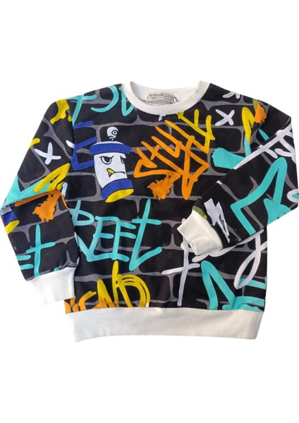 Erkek Çocuk Siyah Sweatshirt Neon Baskılı Pamuklu Kumaş Rahat Kalıp