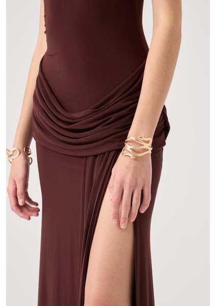 Balıkçı Yaka Yırtmaçlı Uzun Valentina Elbise Kahve modelleri