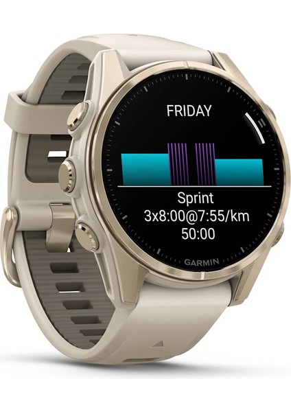 Fenix 8 - 43 mm Amoled Sapphire Soft Gold ve Gri/kum Taşı Silikon Kayışlı modelleri