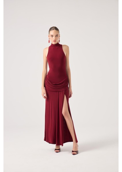 Balıkçı Yaka Yırtmaçlı Uzun Valentina Elbise Bordo