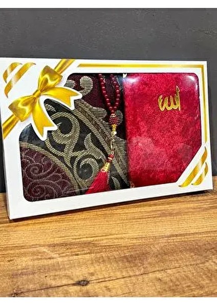 Hediyelik Bohçalık Tafta Saçaklı Bordo Seccade, Yasin, Tesbih Seti