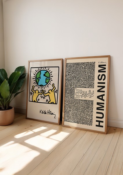 Keith Haring - Hümanism & Men And World - Doğal Ahşap Çerçeveli Tablo 2'li Set