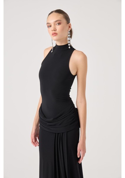 Balıkçı Yaka Yırtmaçlı Uzun Valentina Elbise Siyah fiyatları